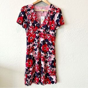 Michael Kors Floral V-Neck Dress Short Sleeve Pockets Pink Red Blue 4 NWT